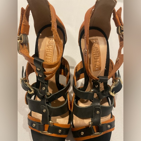 SCHUTZ Cage T Strap Studded Buckle Leather Tan Black Heels Women’s 7 - Picture 5 of 10
